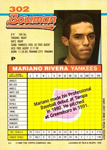 1992 בייסבול של באומן 302 כרטיס טירון של מריאנו ריברה - כרטיס הרוקי האמיתי היחיד שלו!