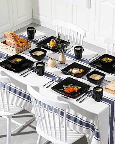 Vancasso Soho Stoneware Square Set Set Set Black 16 חלקים מטבח כלי אוכל צלחת צלחת אוכל עם צלחות ארוחת ערב של 16 חלקים, צלחת קינוח, קערות וספלים, שירות ל -4