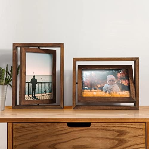 אגופין 2 חבילה 4x6 ו- 5x7 מסגרות תמונה צפות מסתובבות תצוגה דו צדדית עם מסגרת מעץ קדמית של זכוכית HD לתצוגת שולחן אנכית או אופקית