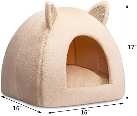 מיטת חיות מחמד של הוליפט, התחממות עצמית 2 ב-1 מערת אוהל חתולים לגורים וכלבים קטנים, 16 על 16 על 17 אינץ ' משולש בקתת בית חתולים עם כרית רחיץ לחיצוני מקורה, קרם