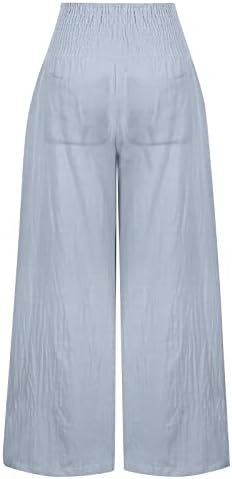 מכנסי רגל רחבים של כותנה לנשים קיץ מזדמן צבע אחיד מכנסי רגל רחבים עם כיסים מכנסיים פלאצו מותניים גבוהים