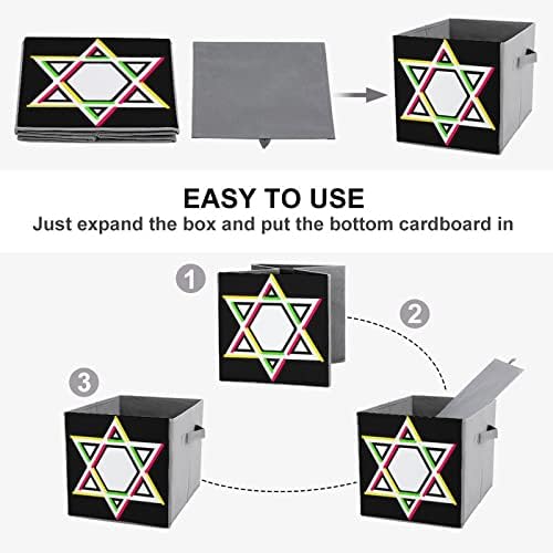 כוכב יהודי צבעוני מתקפל בדים קוביות קוביות קופסאות אחסון 11 אינץ 'פחי אחסון מתקפלים עם ידיות