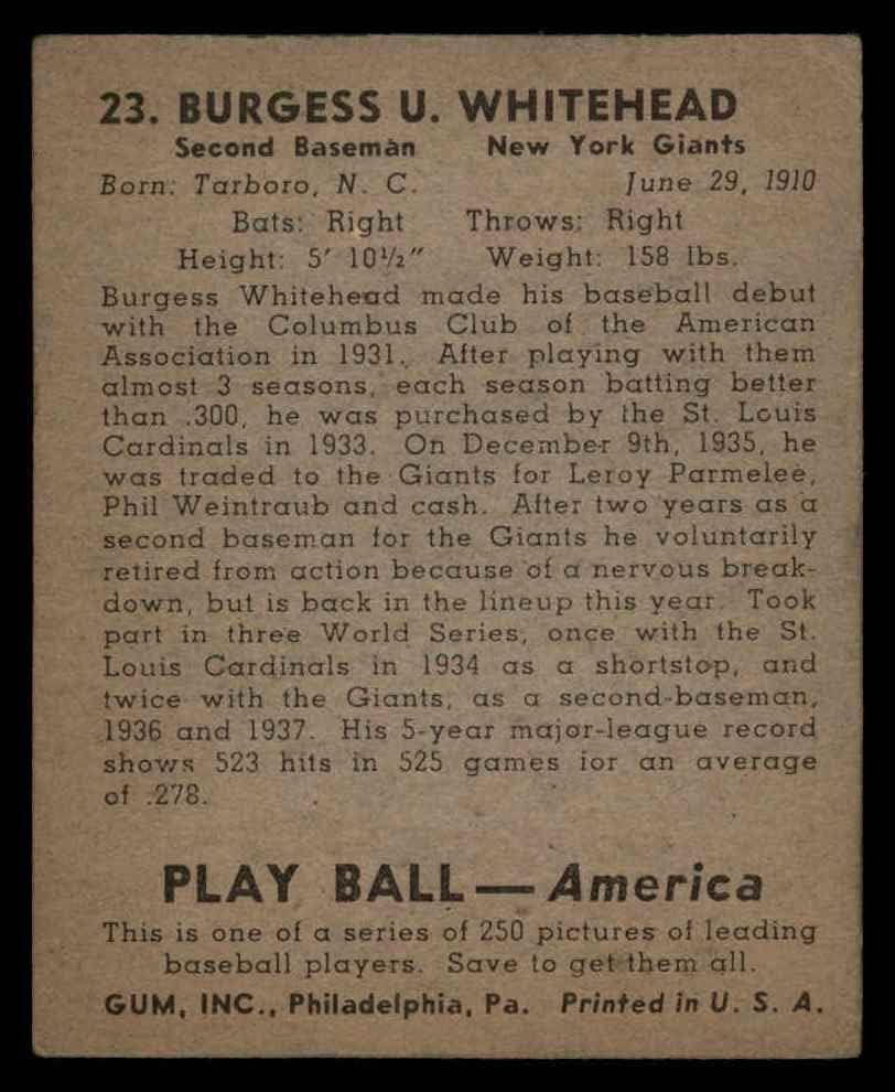 1939 משחק כדור 23 בורג'ס ווייטהד ניו יורק ענקים VG Giants