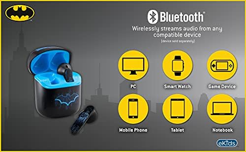 Ekids Batman Bluetooth אוזניות עם מיקרופון, אוזניות אלחוטיות לילדים עם מארז טעינה לניצני אוזניים, למעריצי מתנות באטמן וסחורה
